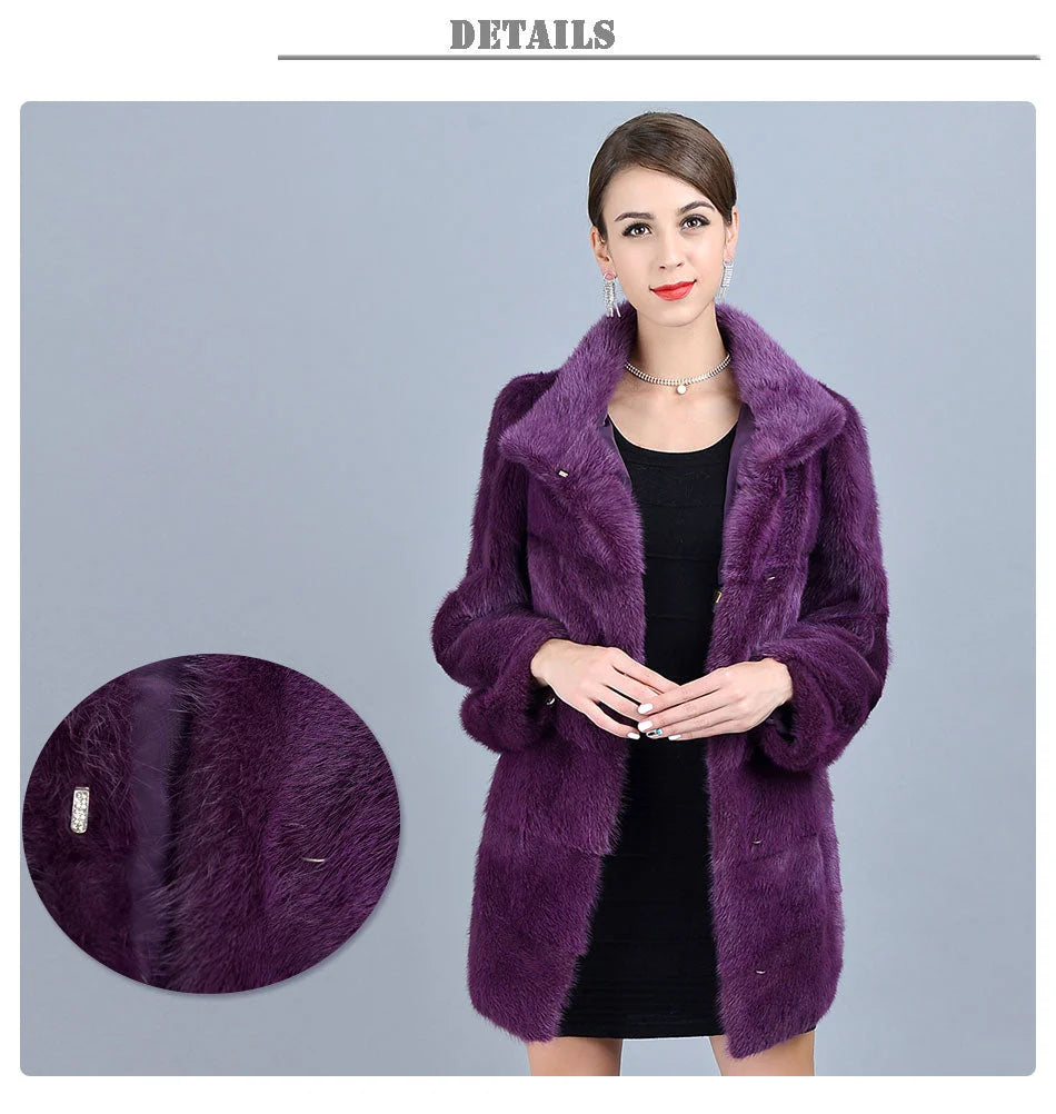 Women's Winter Purple Real Mink Fur Stand Collar Leisure Fashion Jackets