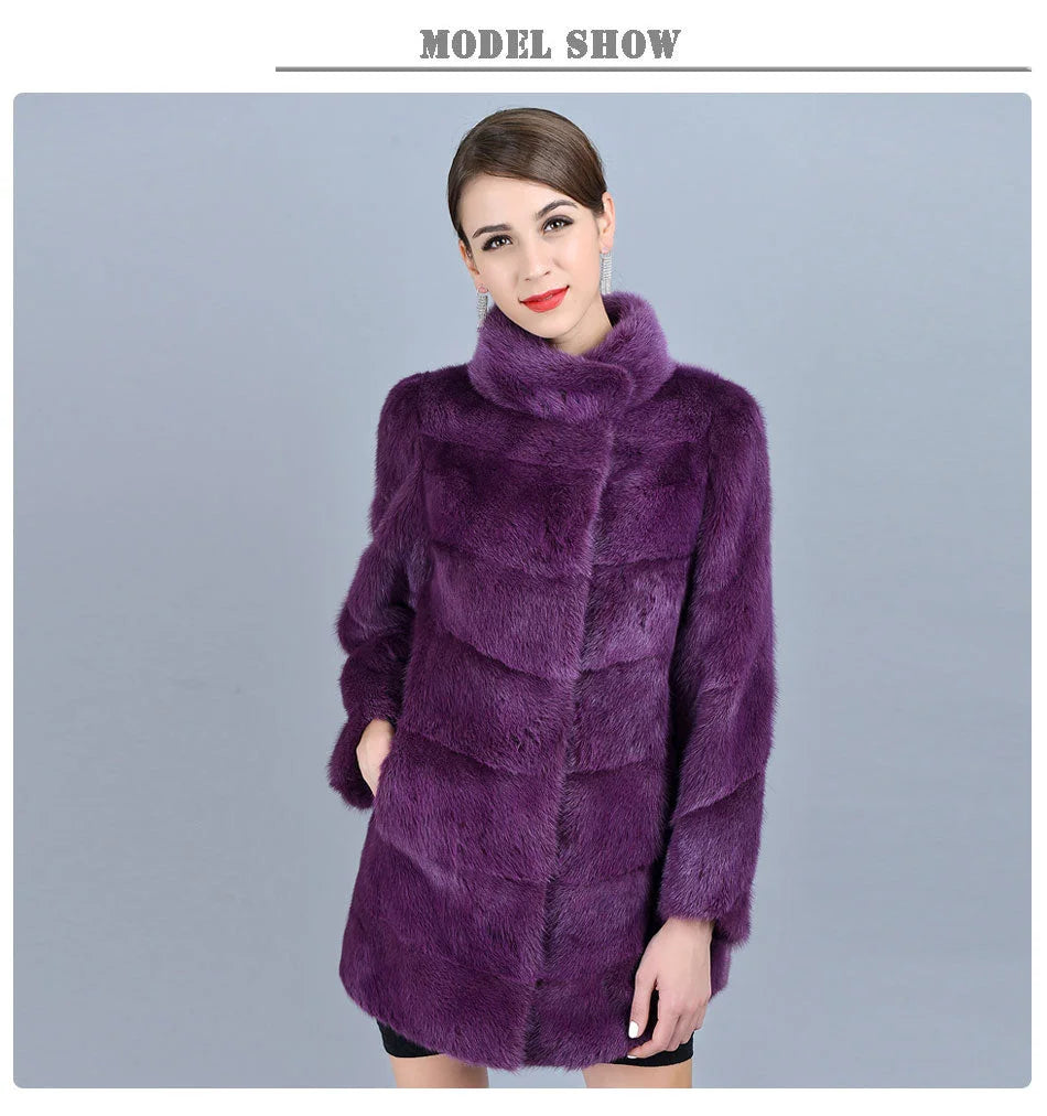 Women's Winter Purple Real Mink Fur Stand Collar Leisure Fashion Jackets