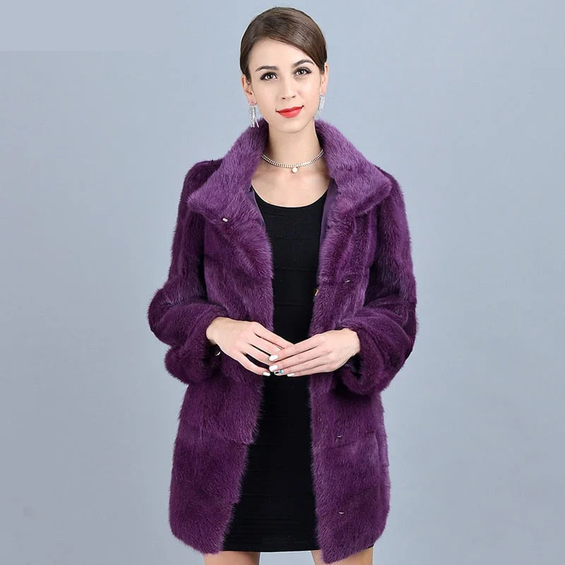 Women's Winter Purple Real Mink Fur Stand Collar Leisure Fashion Jackets