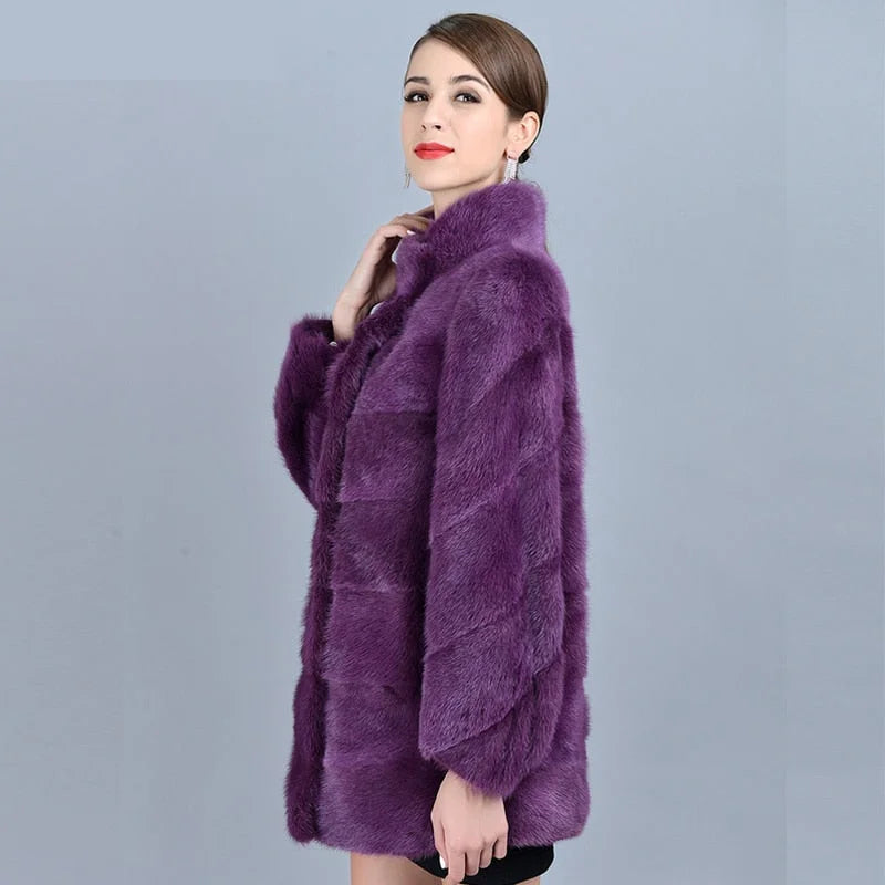 Women's Winter Purple Real Mink Fur Stand Collar Leisure Fashion Jackets