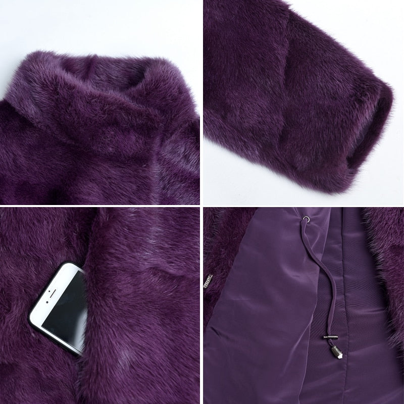 Women's Winter Purple Real Mink Fur Stand Collar Leisure Fashion Jackets