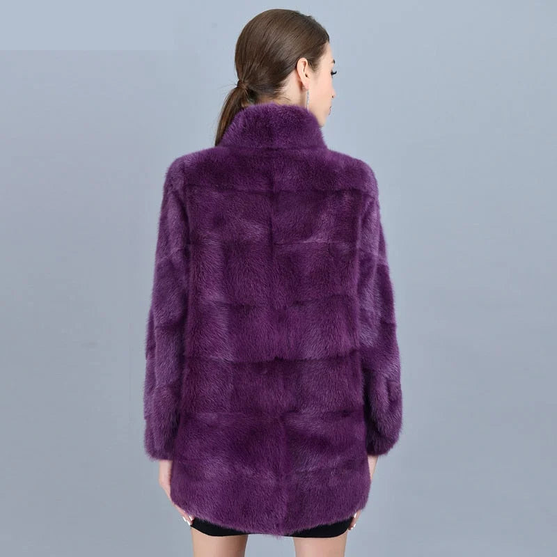 Women's Winter Purple Real Mink Fur Stand Collar Leisure Fashion Jackets