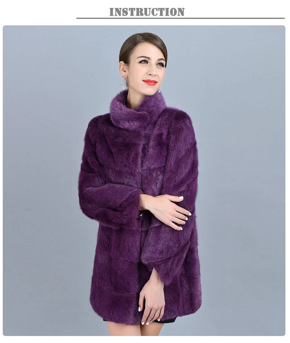 Women's Winter Purple Real Mink Fur Stand Collar Leisure Fashion Jackets