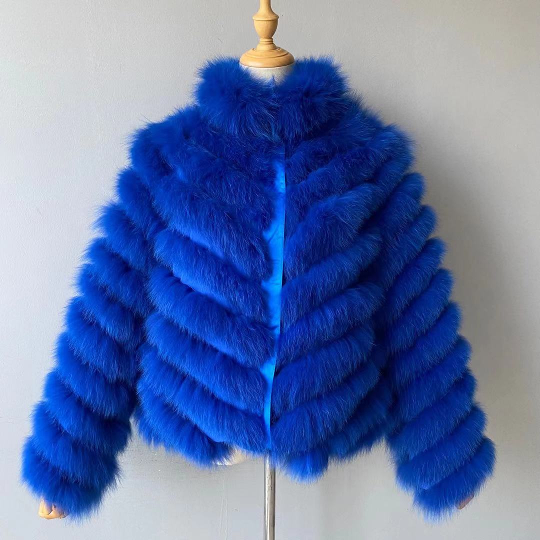 Women's Winter Solid Real Fox Fur Silk Liner Reversible Wear Zipper Jacket