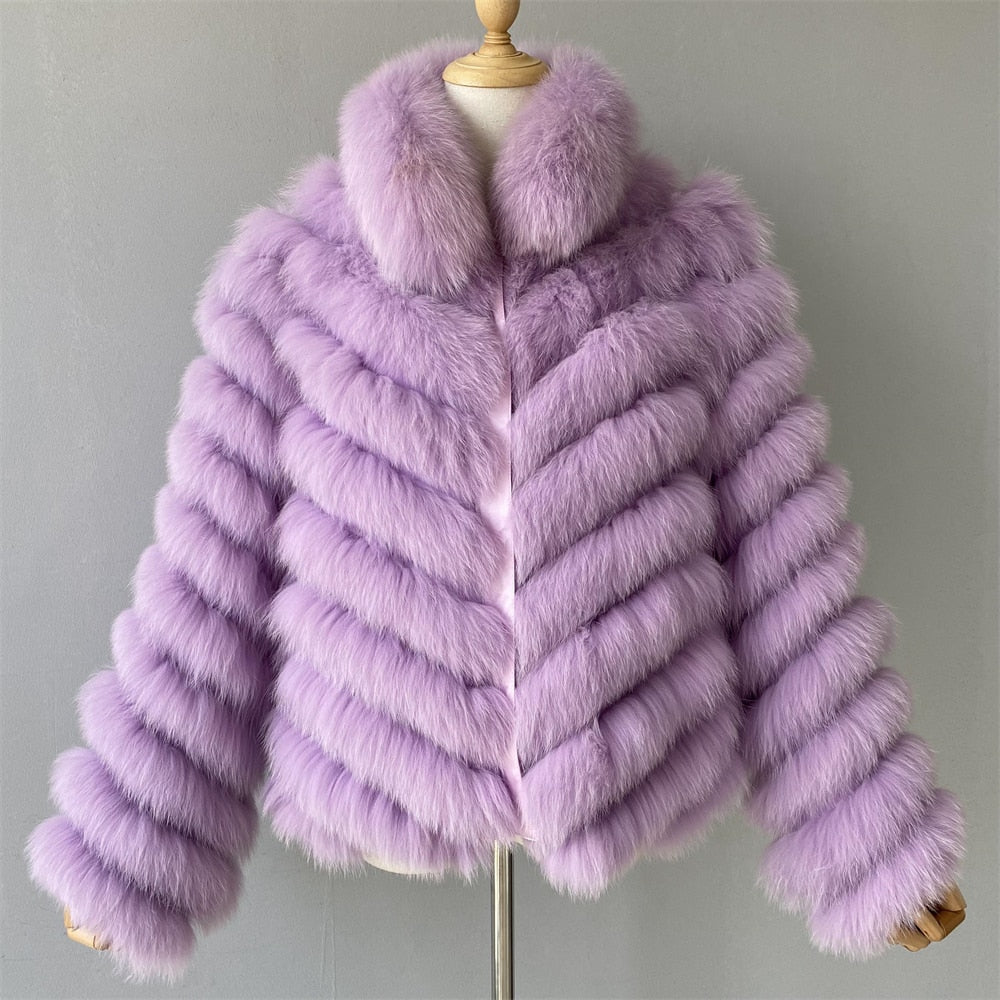 Women's Winter Solid Real Fox Fur Silk Liner Reversible Wear Zipper Jacket