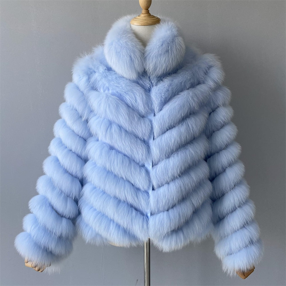 Women's Winter Solid Real Fox Fur Silk Liner Reversible Wear Zipper Jacket