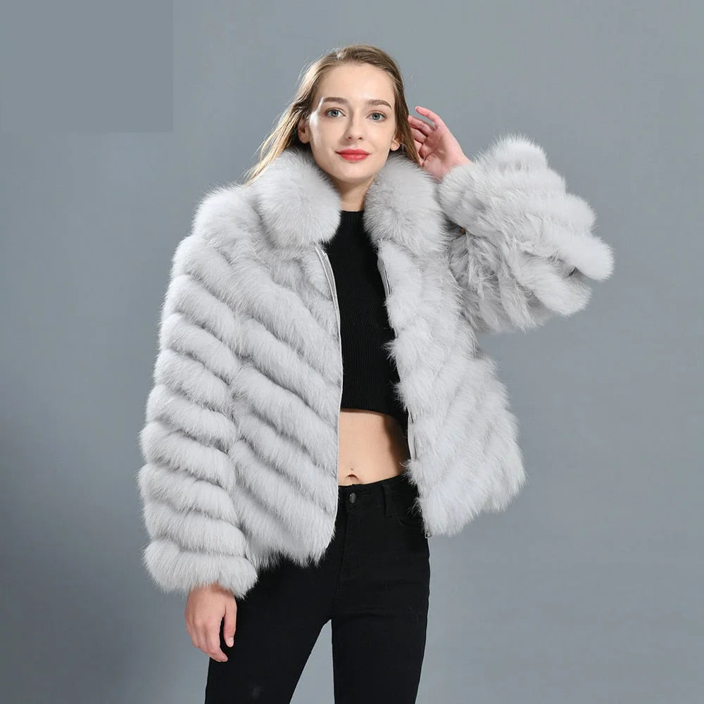 Women's Winter Solid Real Fox Fur Silk Liner Reversible Wear Zipper Jacket