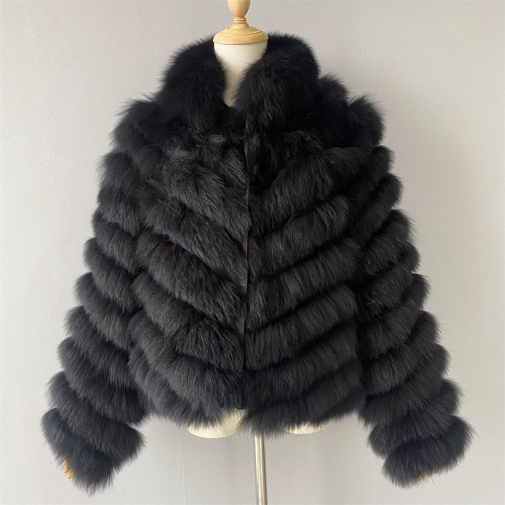 Women's Winter Solid Real Fox Fur Silk Liner Reversible Wear Zipper Jacket