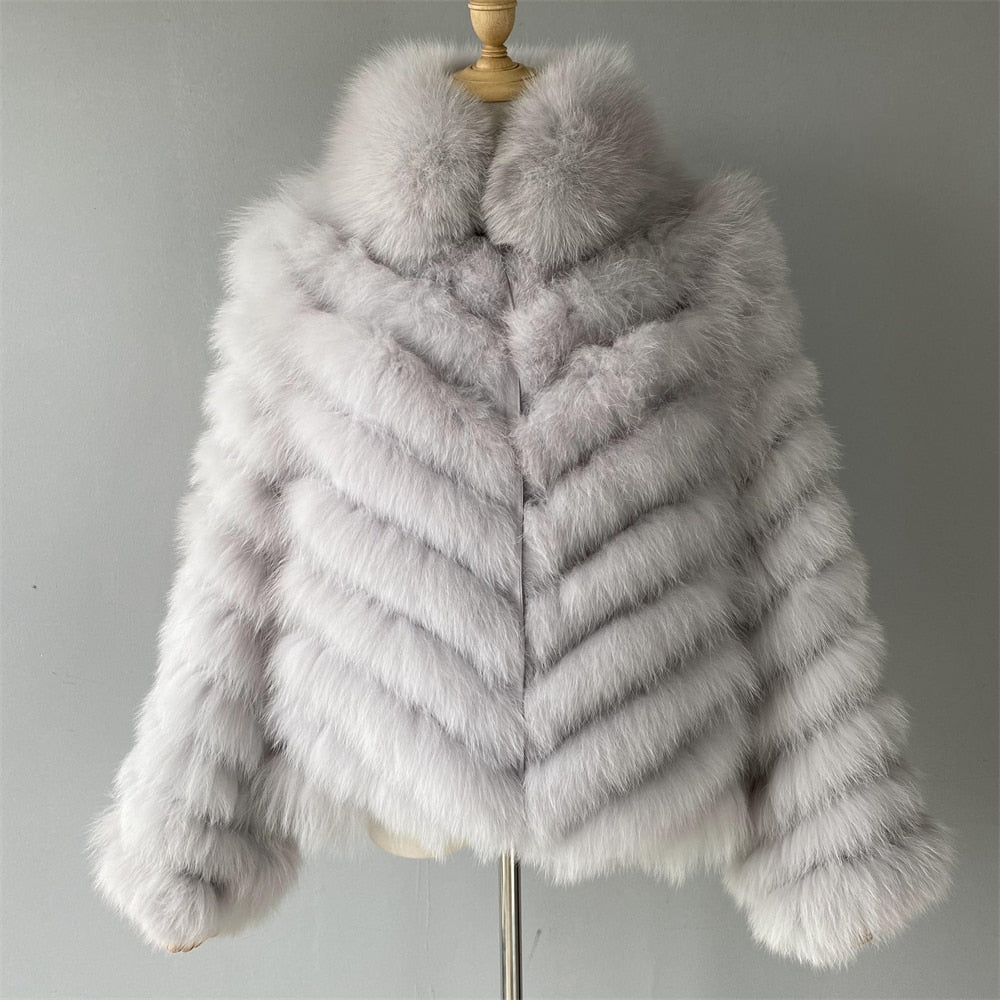 Women's Winter Solid Real Fox Fur Silk Liner Reversible Wear Zipper Jacket