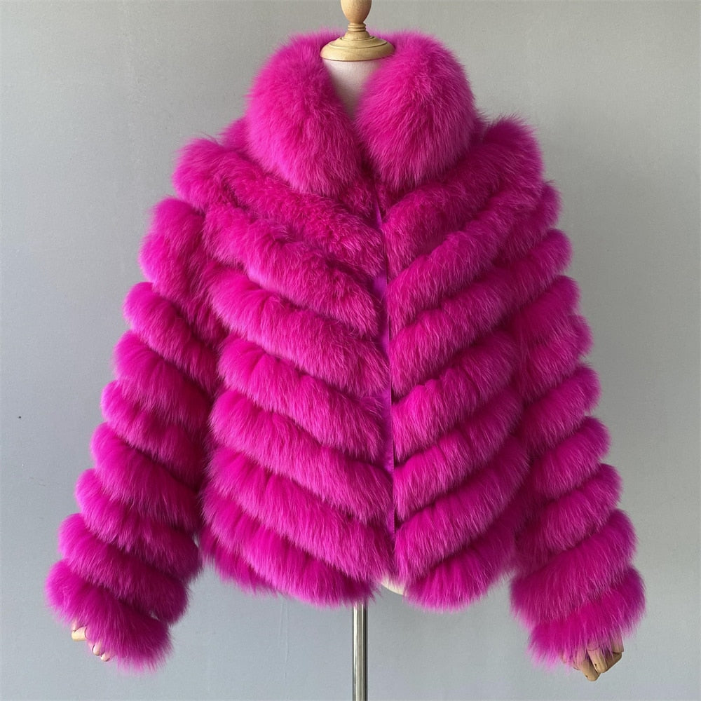 Women's Winter Solid Real Fox Fur Silk Liner Reversible Wear Zipper Jacket