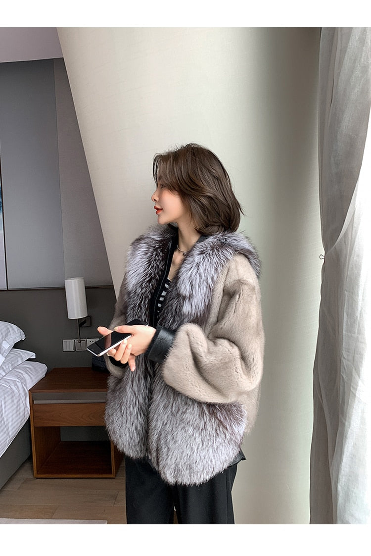 Women's Winter Warm Natural Imported Mink Fox Fur Single Breasted Jacket