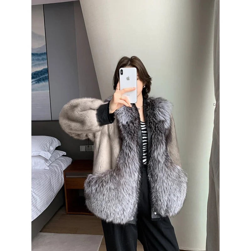 Women's Winter Warm Natural Imported Mink Fox Fur Single Breasted Jacket