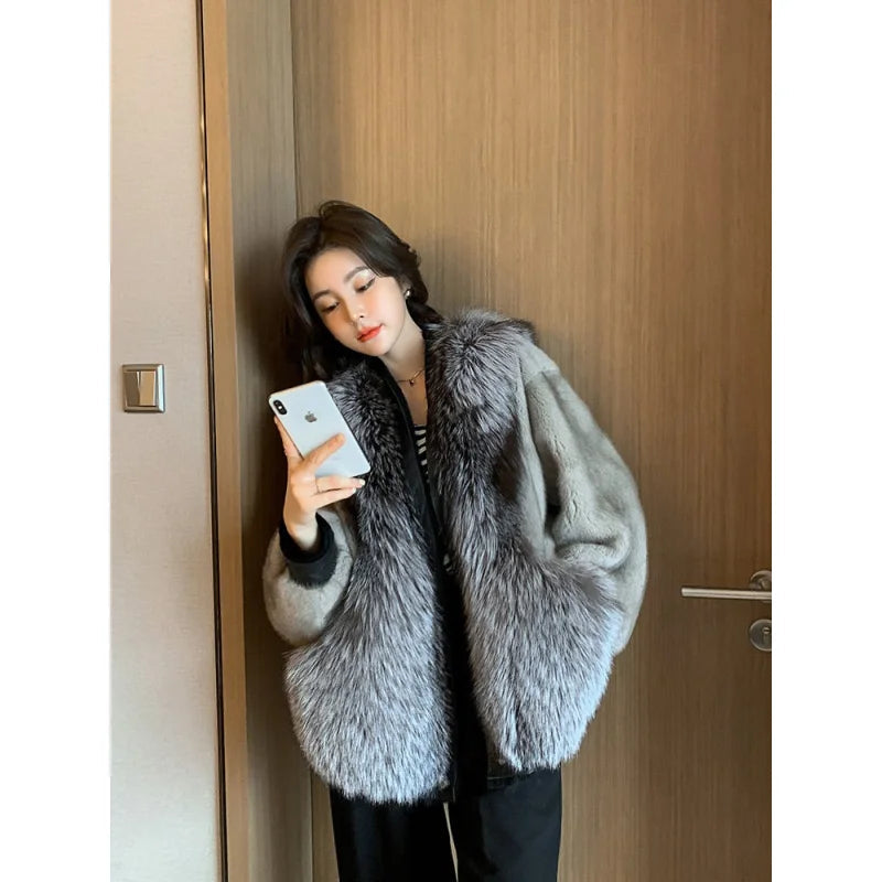 Women's Winter Warm Natural Imported Mink Fox Fur Single Breasted Jacket