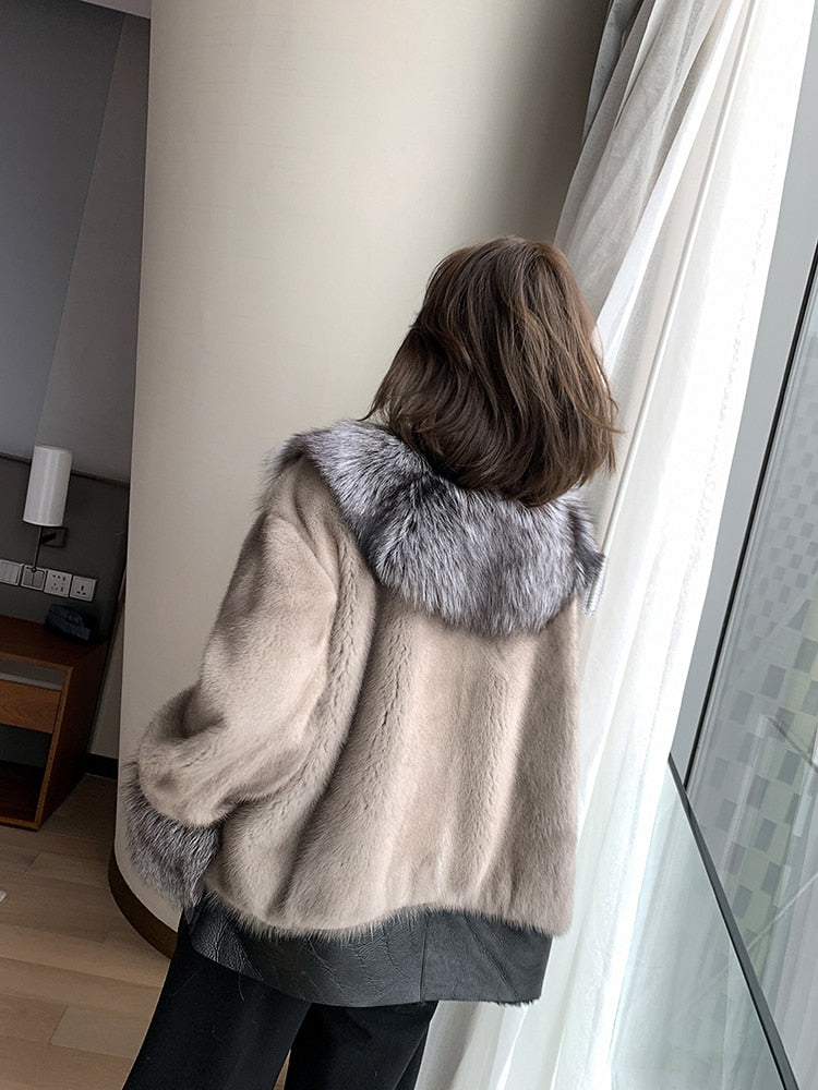 Women's Winter Warm Natural Imported Mink Fox Fur Single Breasted Jacket