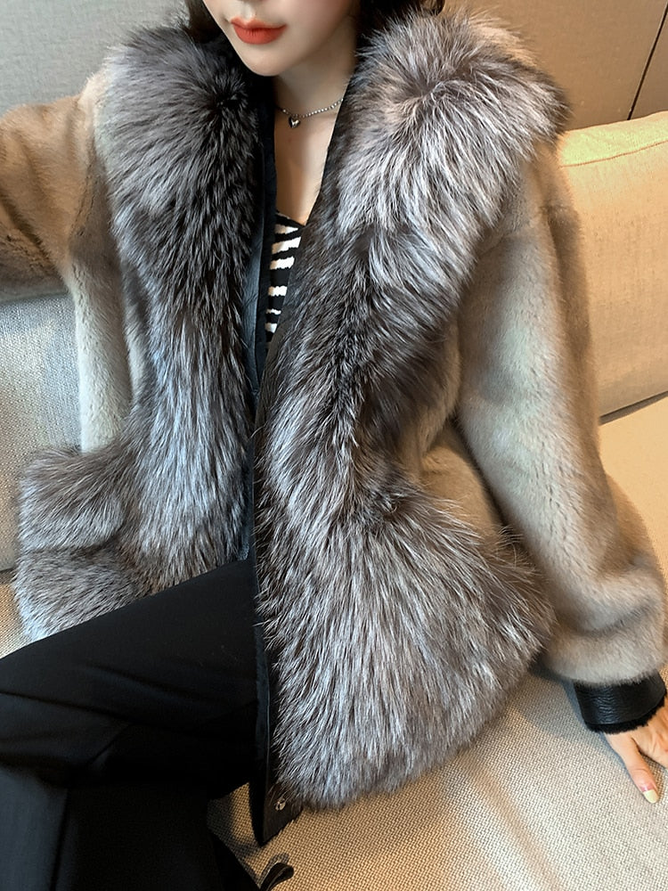 Women's Winter Warm Natural Imported Mink Fox Fur Single Breasted Jacket