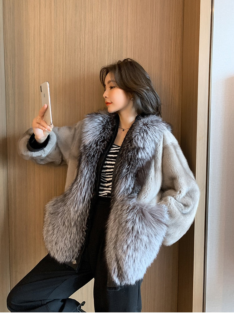 Women's Winter Warm Natural Imported Mink Fox Fur Single Breasted Jacket