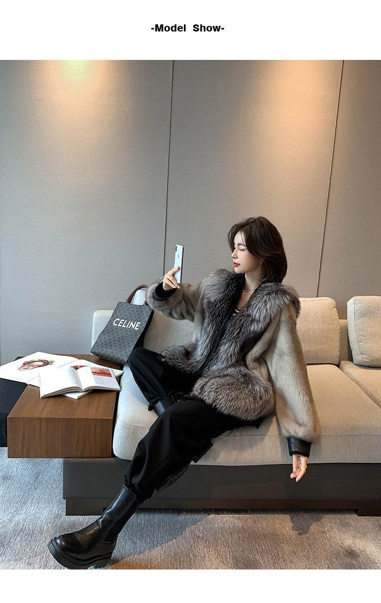 Women's Winter Warm Natural Imported Mink Fox Fur Single Breasted Jacket