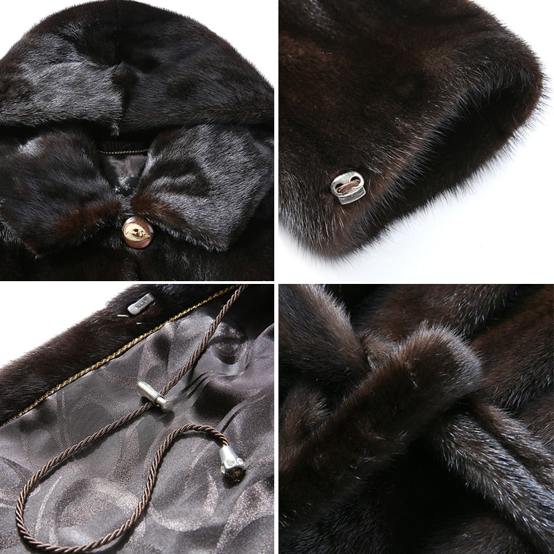 Women's Winter Warm Natural Mink Fur Medium Length Thick Hood Jackets