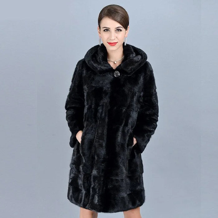 Women's Winter Warm Natural Mink Fur Striped Thick Jacket with Hood