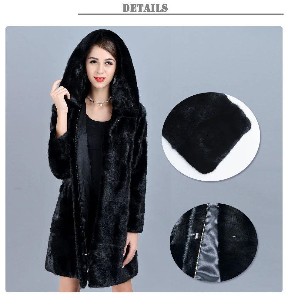 Women's Winter Warm Natural Mink Fur Striped Thick Jacket with Hood