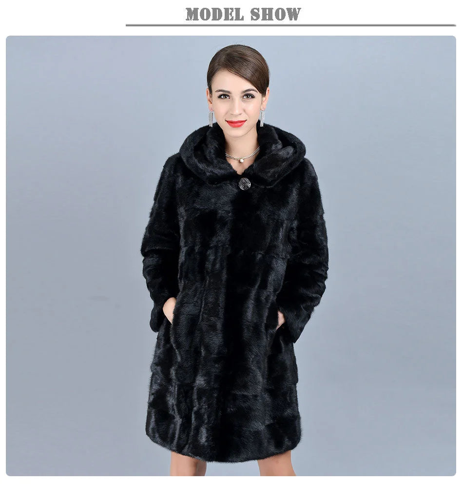 Women's Winter Warm Natural Mink Fur Striped Thick Jacket with Hood