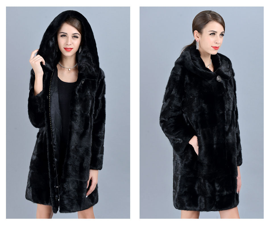 Women's Winter Warm Natural Mink Fur Striped Thick Jacket with Hood