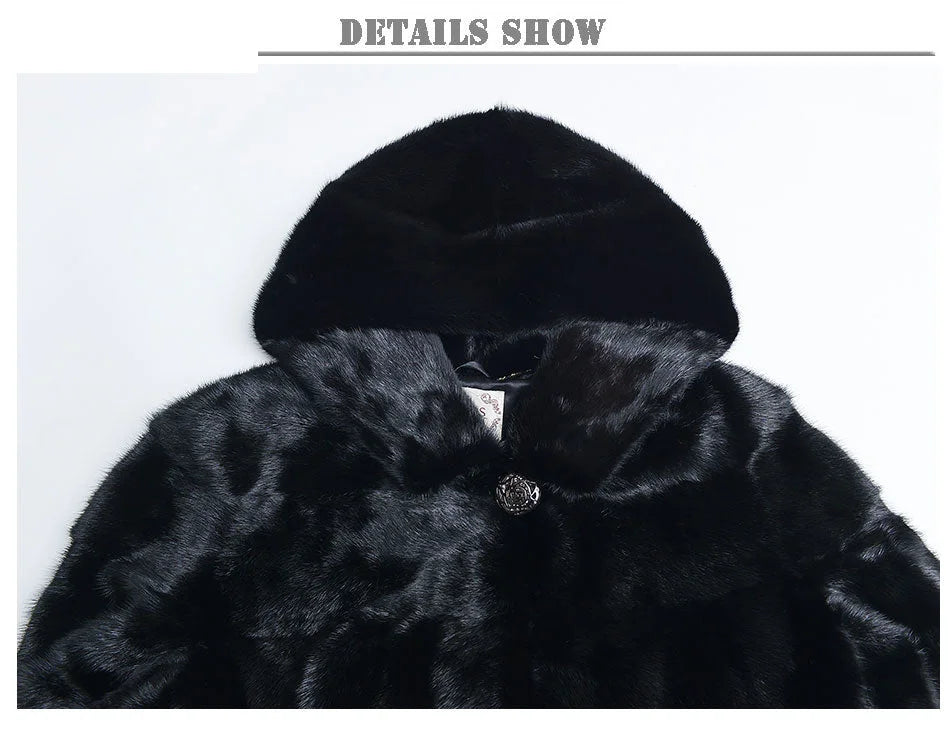 Women's Winter Warm Natural Mink Fur Striped Thick Jacket with Hood