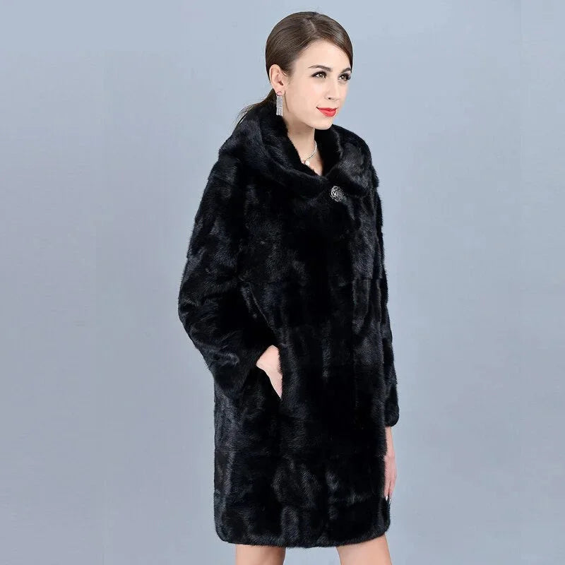 Women's Winter Warm Natural Mink Fur Striped Thick Jacket with Hood