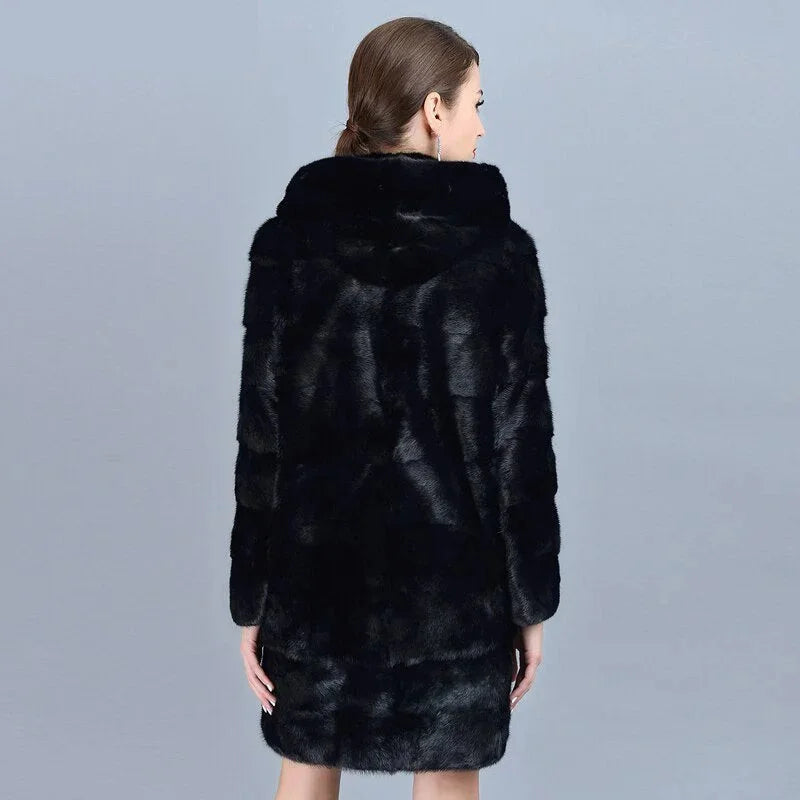 Women's Winter Warm Natural Mink Fur Striped Thick Jacket with Hood