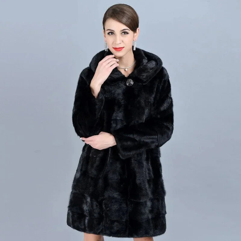 Women's Winter Warm Natural Mink Fur Striped Thick Jacket with Hood