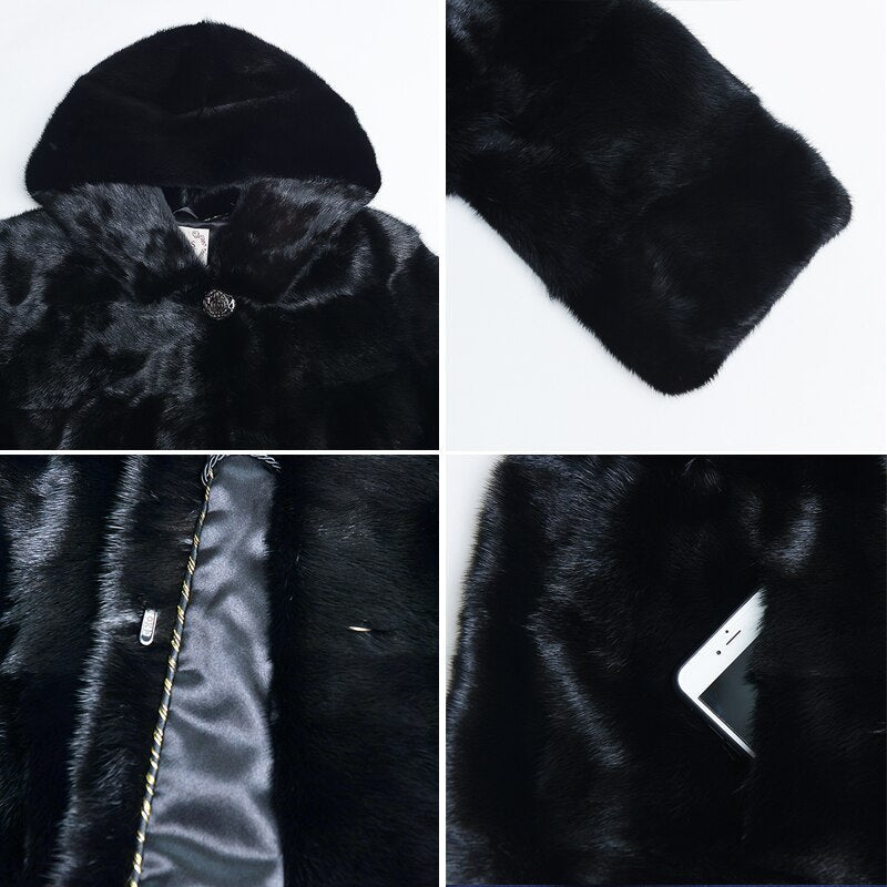 Women's Winter Warm Natural Mink Fur Striped Thick Jacket with Hood