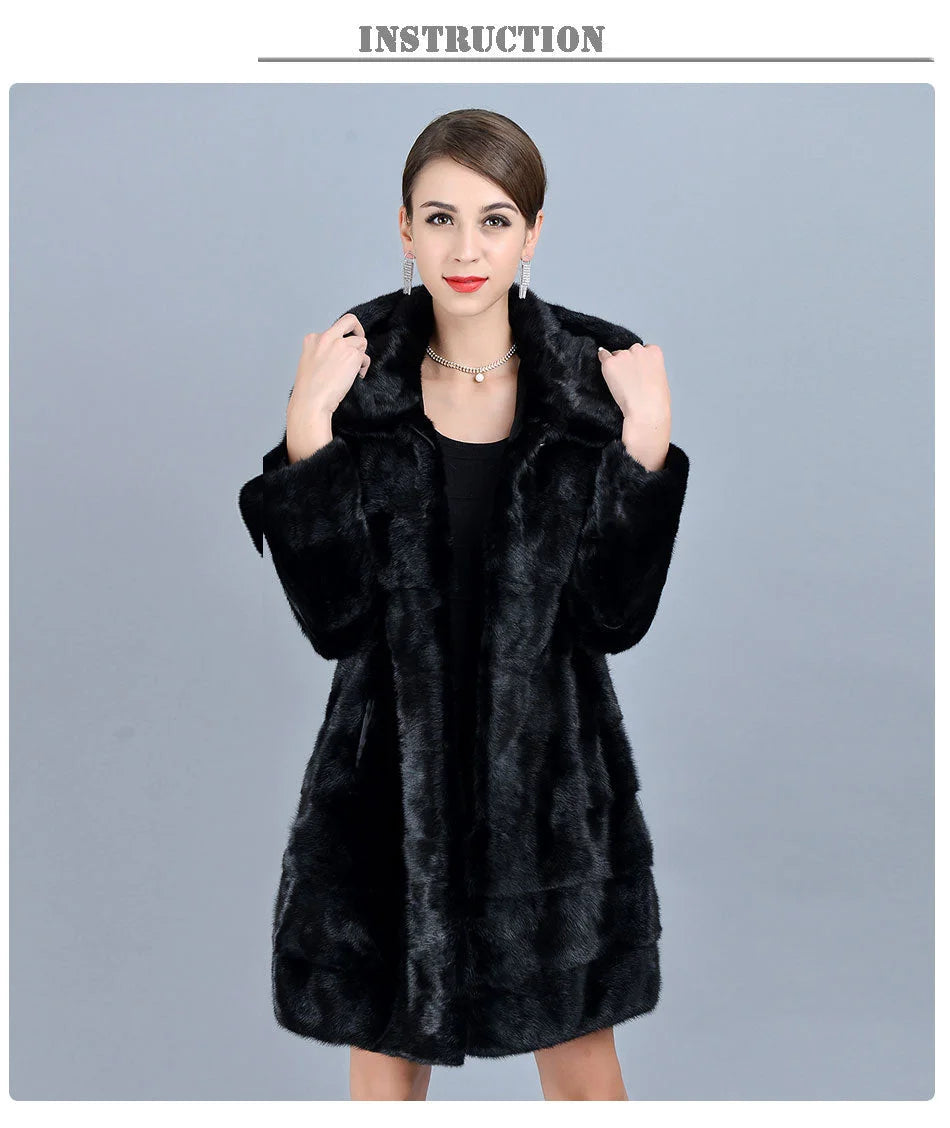 Women's Winter Warm Natural Mink Fur Striped Thick Jacket with Hood