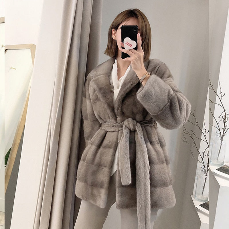 Women's Winter Warm Natural Real Mink Fur Double Faced Striped Jacket