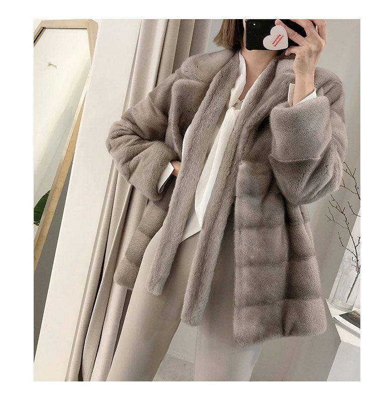 Women's Winter Warm Natural Real Mink Fur Double Faced Striped Jacket