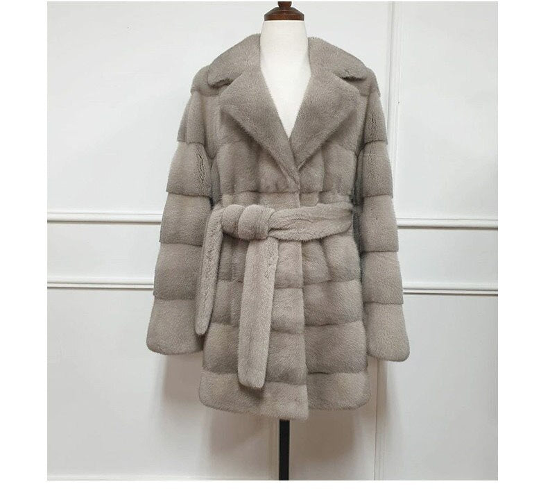 Women's Winter Warm Natural Real Mink Fur Double Faced Striped Jacket