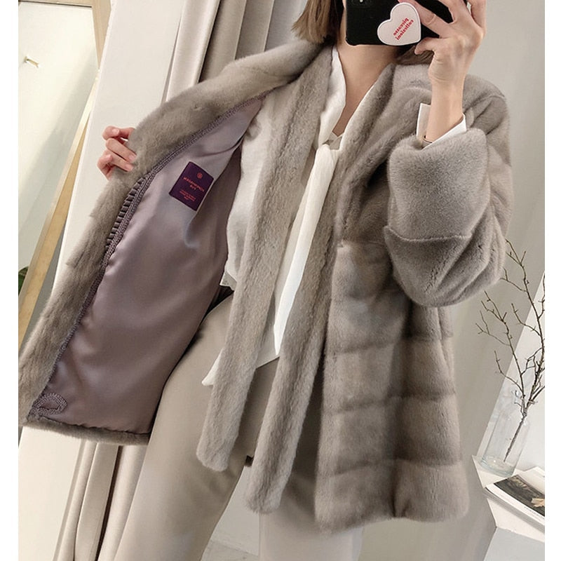 Women's Winter Warm Natural Real Mink Fur Double Faced Striped Jacket