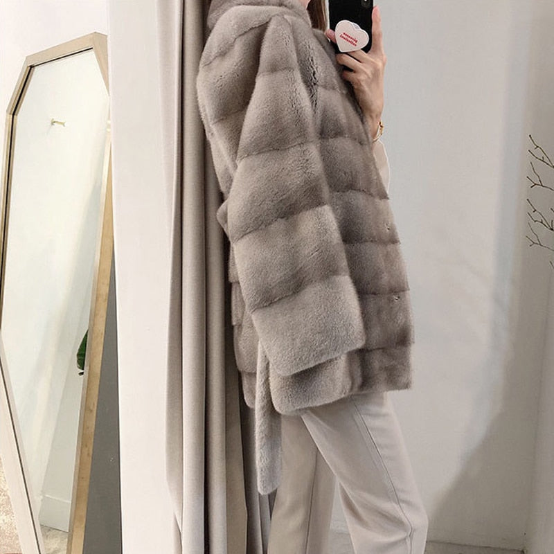 Women's Winter Warm Natural Real Mink Fur Double Faced Striped Jacket