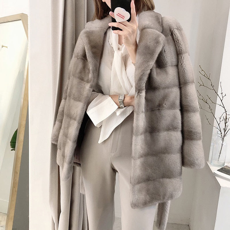 Women's Winter Warm Natural Real Mink Fur Double Faced Striped Jacket