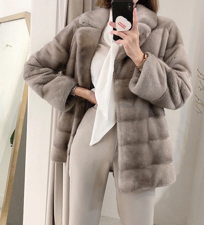 Women's Winter Warm Natural Real Mink Fur Double Faced Striped Jacket