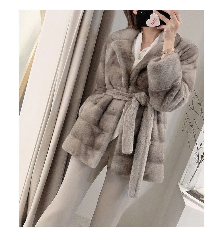 Women's Winter Warm Natural Real Mink Fur Double Faced Striped Jacket