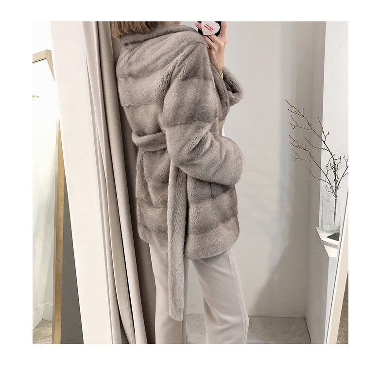 Women's Winter Warm Natural Real Mink Fur Double Faced Striped Jacket