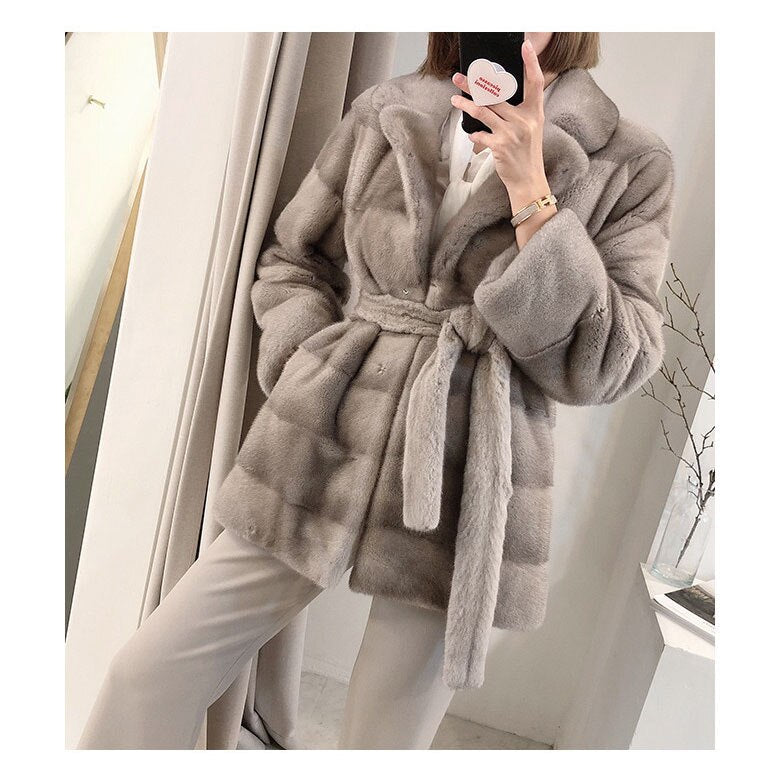 Women's Winter Warm Natural Real Mink Fur Double Faced Striped Jacket