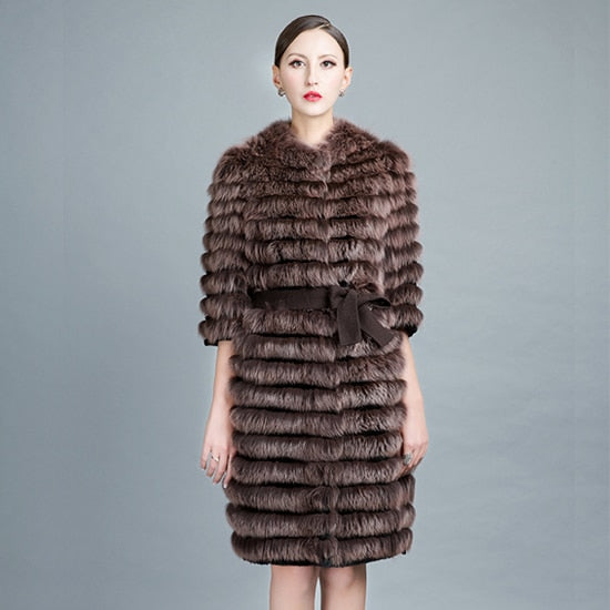 Women's Winter Warm Real Fox Fur Long Jackets Outerwear with Belt