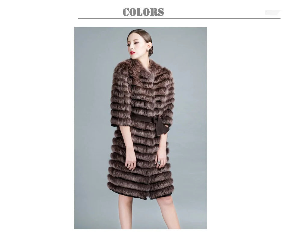 Women's Winter Warm Real Fox Fur Long Jackets Outerwear with Belt