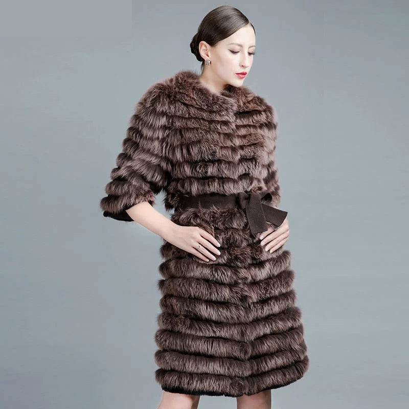 Women's Winter Warm Real Fox Fur Long Jackets Outerwear with Belt