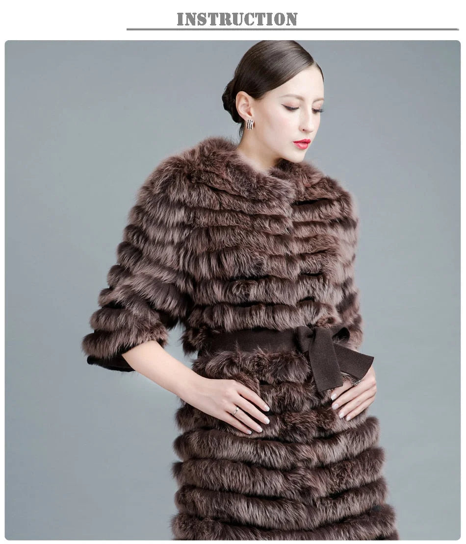 Women's Winter Warm Real Fox Fur Long Jackets Outerwear with Belt