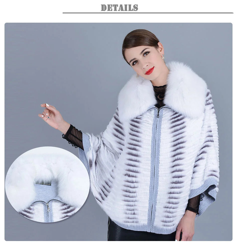 Women's Winter Warm Striped Real Fox Fur Batwing Sleeves Knitted Jackets