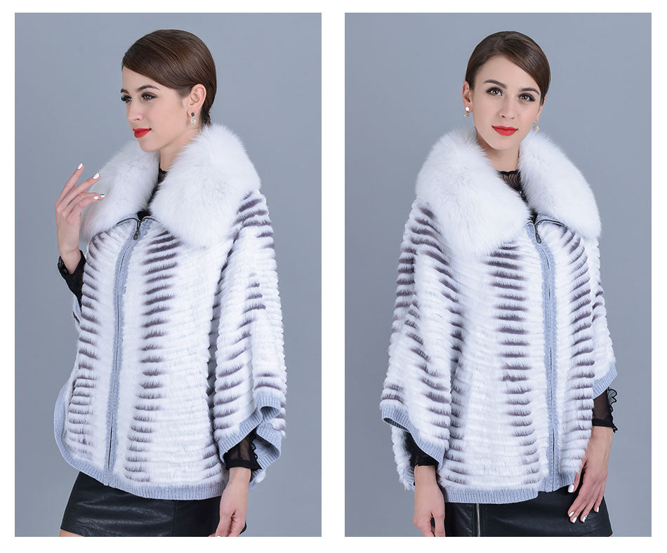 Women's Winter Warm Striped Real Fox Fur Batwing Sleeves Knitted Jackets