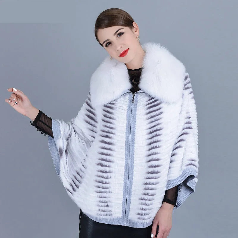 Women's Winter Warm Striped Real Fox Fur Batwing Sleeves Knitted Jackets