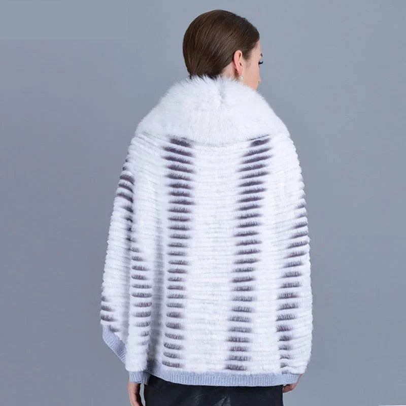 Women's Winter Warm Striped Real Fox Fur Batwing Sleeves Knitted Jackets